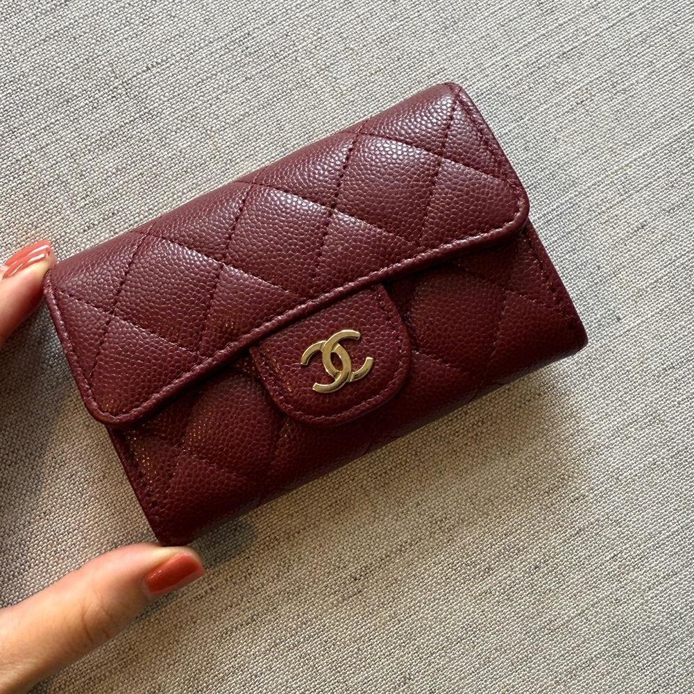 SOLD - Chanel Classic Compact Wallet Card Holder in Burgundy Caviar Leather